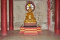 Gold Chinese Buddha Statue Show Right Hand and Sit on Concrete Base