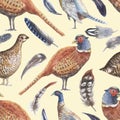 Pheasant partridge bird feathers watercolor hand drawn illustration. Print textile vintage patern seamless