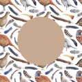 Pheasant partridge bird feathers watercolor illustration. Print textile vintage patern seamless clipart set Royalty Free Stock Photo