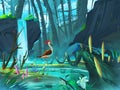 The Pheasant in the Waterfall Forest with Fantastic, Realistic and Futuristic Style