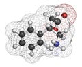 Phenibut anxiolytic and sedative drug molecule. 3D rendering. Atoms are represented as spheres with conventional color coding:.