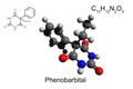 Chemical formula, skeletal formula, and 3D ball-and-stick model of medication phenobarbital, white background