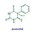 Phenobarbital hand drawn vector formula chemical structure lettering blue green