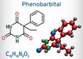 Phenobarbital, phenobarbitone or phenobarb, C12H12N2O3 molecule. It is a medication for the treatment of epilepsy. Structural