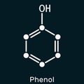 Phenol, carbolic acid molecule. Skeletal chemical formula on the dark blue background