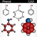 Phenol, carbolic acid molecule. Structural chemical formula, molecule model.