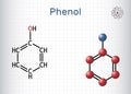 Phenol, carbolic acid molecule. Structural chemical formula, molecule model. Sheet of paper in a cage