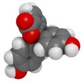 Phenolphthalein indicator molecule. Used in acid base titrations and as laxative