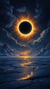 Phenomenal depiction of a total solar eclipse casting dramatic fiery corona light above jagged snow-capped mountains overlooking a Royalty Free Stock Photo