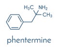 Phentermine appetite suppressant drug molecule. Used in treatment of obesity. Skeletal formula. Royalty Free Stock Photo