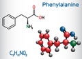 Phenylalanine L-phenylalanine, Phe , F amino acid molecule. Structural chemical formula and molecule model