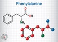 Phenylalanine L-phenylalanine, Phe , F amino acid molecule. Sheet of paper in a cage. Structural chemical formula and molecule