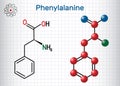 Phenylalanine L- phenylalanine, Phe , F amino acid molecule. Sheet of paper in a cage. Structural chemical formula and molecule