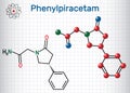 Phenylpiracetam nootropic drug molecule. It is a phenylated analog of the piracetam. Sheet of paper in a cage. Structural chemical