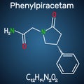 Phenylpiracetam nootropic drug molecule. It is a phenylated analog of the piracetam. Structural chemical formula on the dark blue