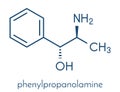 Phenylpropanolamine norephedrine, norpseudoephedrine, beta-hydroxyamphetamine drug molecule. Used as stimulant, decongestant and