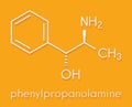 Phenylpropanolamine norephedrine, norpseudoephedrine, beta-hydroxyamphetamine drug molecule. Used as stimulant, decongestant and
