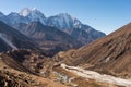 Pheriche village with Kangtega and Thamserku mountain peak behind. A village in Everest base camp trekking route. Himalaya
