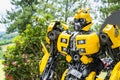 Phetchabun, Thailand - May, 07, 2021 :The Replica of Bumblebee robot made from iron part of a Car display in the park at Petchabun