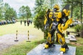 Phetchabun, Thailand - May, 07, 2021 :The Replica of Bumblebee robot made from iron part of a Car display in the park at Petchabun