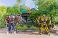 Phetchabun, Thailand - Sep 03, 2019 : Transformer Optimus Prime and Bumblebee robot made from iron part of a car display at fuel