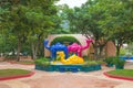 PHETCHABURI,THAILAND-DECEMBER 1,2021: An artistic multicolored camel sculpture made from reinforced concrete to decorate the