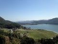 Phewa lake and mountains, Pokhara, Nepal. Sadhana yoga retreat. Royalty Free Stock Photo