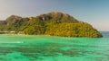 Phi Phi Don, Thailand. Aerial view of Phi Phi Island coastline from drone on a hot sunny day Royalty Free Stock Photo