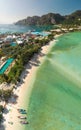 Phi Phi Don, Thailand. Overhead aerial view of Phi Phi Island coastline and beach from drone on a hot sunny day Royalty Free Stock Photo