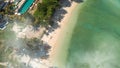 Phi Phi Don, Thailand. Overhead aerial view of Phi Phi Island coastline and beach from drone on a hot sunny day Royalty Free Stock Photo