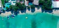 Phi Phi Don, Thailand. Overhead panoramic aerial view of Phi Phi Island coastline and beach from drone on a hot sunny day Royalty Free Stock Photo