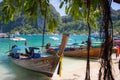 Longtail boats line the shore in Maya Bay at Phi Phi island