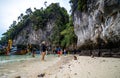 Phi Phi Island, Thailand - November 24 2019: Tourists enjoying their visit to the Monkey Beach on Phi Phi Island. Monkey beach is