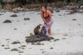 Phi Phi Island, Thailand - November 24 2019: An unidentified woman posing for a photo with a monkey at Monkey Beach in Phi Phi