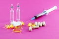 Phials, pills and syringe Royalty Free Stock Photo