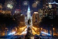 Philadelphia city skyline with fireworks