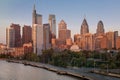 Philadelphia Downtown skyline with the Schuylkill river. Beautiful Sunset Light. Schuylkill River Trail in Background. City Royalty Free Stock Photo