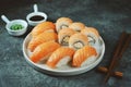 Philadelphia homemade sushi rolls and nigiri sushi with wild salmon.