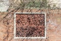 Philadelphia, PA - March 26 2021: Face and flowers carved on the red brick wall outside of a house