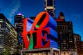 Evening view of LOVE Park, with its reproduction of Robert IndianaÃ¢â¬â¢s 1970 LOVE sculpture Royalty Free Stock Photo