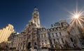 Wide angle sunset image of the ornate Second Empire style Philadelphia City Hall, built