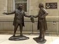 Philadelphia, PA, USA - May 29, 2018: Statue of Benjamin Franklin handing a Masonic apron to George Washington in front