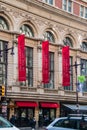 View of red banners on the University of the Arts building on Broad Street in Philadelphia Royalty Free Stock Photo