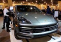 Philadelphia, Pennsylvania, U.S - February 9, 2019 - A front view of a grey metallic 2019 Porsche Cayenne SUV