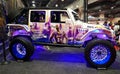 Philadelphia, Pennsylvania, U.S.A - February 9, 2020 - A Jeep Wrangler decorated with stickers and blue lights