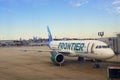 Philadelphia, Pennsylvania, U.S.A - March 13, 2020 - Frontier Airlines flights parked on the tarmac Royalty Free Stock Photo