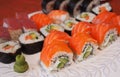 Philadelphia roll sushi with salmon, smoked eel, cucumber, avocado, cream cheese, red caviar. Sushi menu. Japanese food. Healthy f Royalty Free Stock Photo