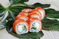 Philadelphia Roll Sushi tropical leaves still life