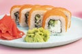 Philadelphia rolls on a blue plate. close up. Japanese traditional cuisine. asianfood