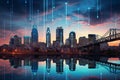 Philadelphia skyline at sunset, financial hologram concept